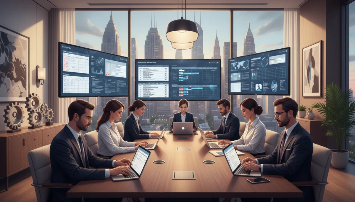 A photorealistic image of a sophisticated, modern office environment where a diverse team of well-dressed professionals—representing a concierge operations team—are engaged in a strategic meeting. The team is gathered around a sleek conference table, reviewing detailed schedules and vendor lists on digital tablets and laptops. In the background, large windows reveal a city skyline, suggesting affluence and exclusivity. The atmosphere is focused and collaborative, with subtle cues of luxury, such as elegant furnishings and understated décor. The overall tone is polished, realistic, and conveys high-level coordination and attention to detail, highlighting the complexity of managing operations for a high-net-worth principal.