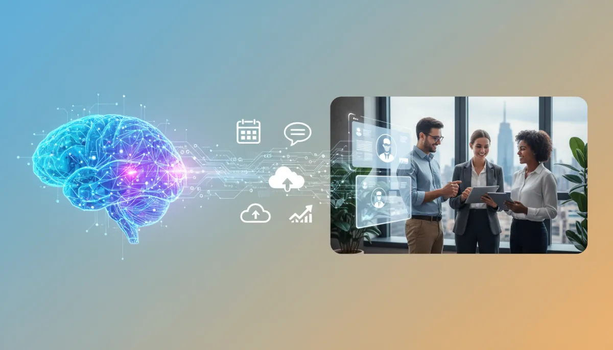 Modern office with diverse team on video call and dashboards