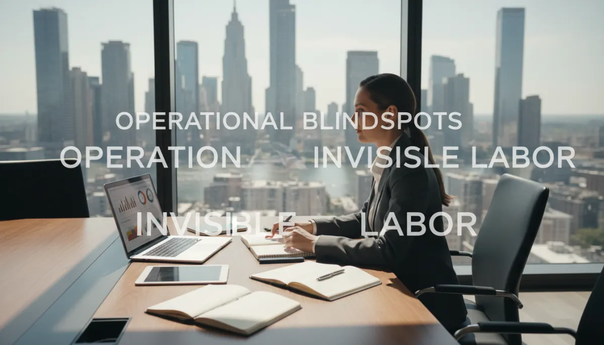 professional neutral-tone photograph of a high-net-worth principal in a modern glass-walled office overlooking a city skyline, multiple devices and documents on the table, with subtle overlay text about operational blindspots and invisible labor