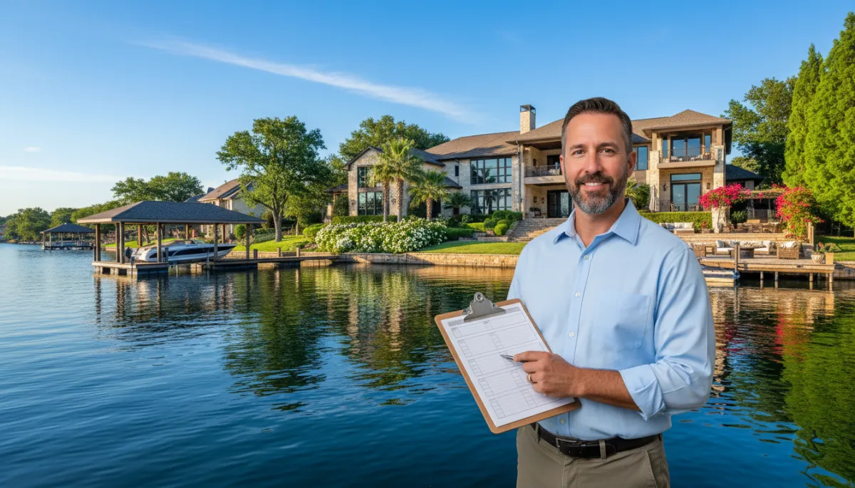 Professional home watch inspector checking exterior of a Montgomery TX house