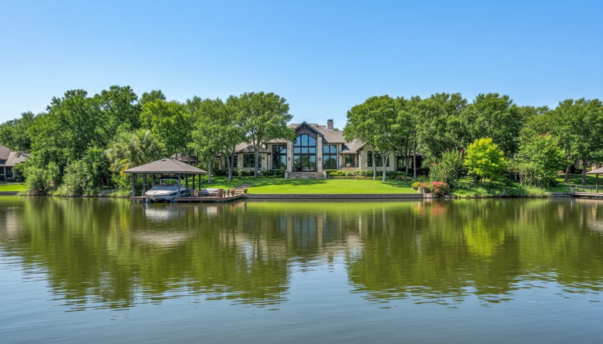 photorealistic aerial view of upscale Lake Conroe TX waterfront homes at sunset, calm water, neutral color palette, subtle text overlay area in sky