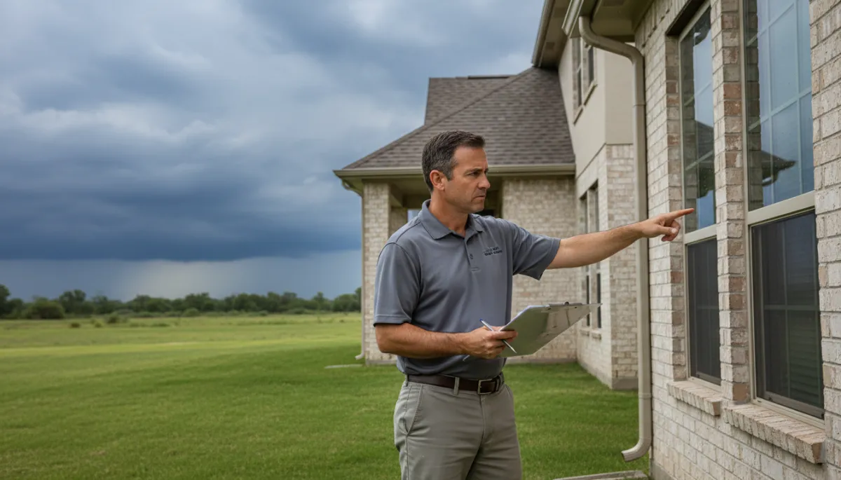 Home watch inspector checking a Texas home exterior before a storm