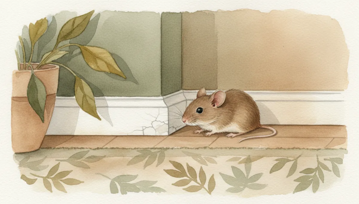 Mouse inspecting a small gap along an indoor baseboard in winter