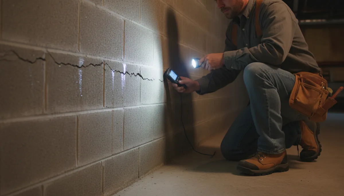 Contractor inspecting an Indianapolis property foundation wall for cracks and moisture