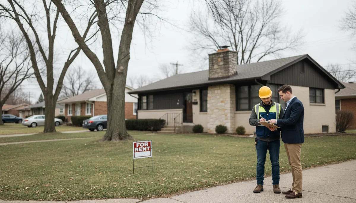 photorealistic wide shot of an Indianapolis neighborhood street with a contractor and real estate investor standing in front of a mid-century single-family rental, both reviewing a clipboard and pointing at the house, overcast sky and neutral color palette