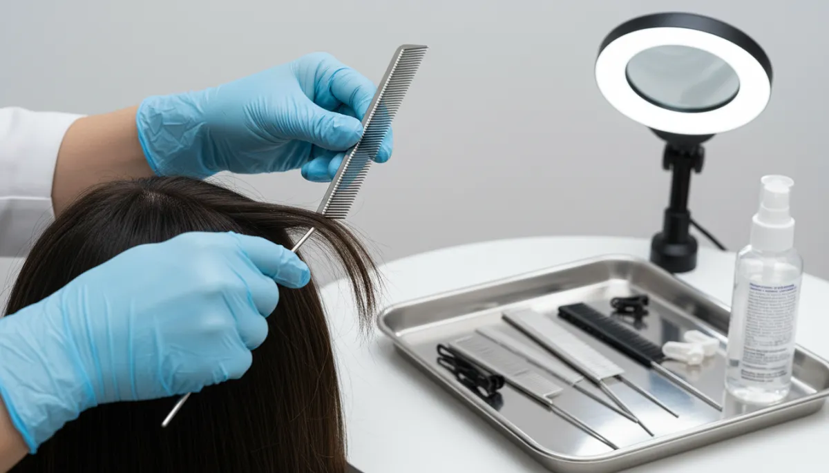 Professional using a fine metal lice comb on sectioned hair Professional using a fine metal lice comb on sectioned hair