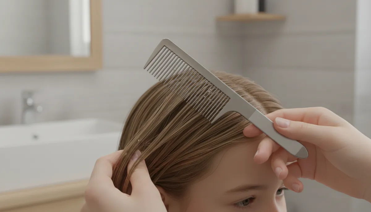 Parent using a metal nit comb to carefully check a child’s damp hair Parent using a metal nit comb to carefully check a child’s damp hair