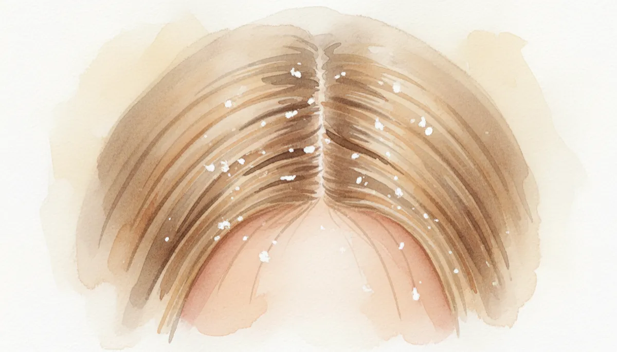 Close-up view of scalp with small white flakes in the hair parting