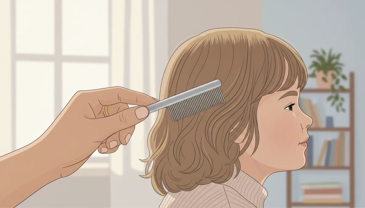 Caregiver using a fine metal comb to remove lice from a child's hair Caregiver using a fine metal comb to remove lice from a child's hair