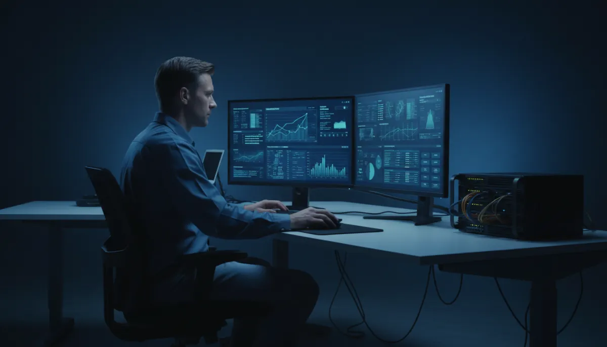 IT technician monitoring network and backup dashboards on dual screens