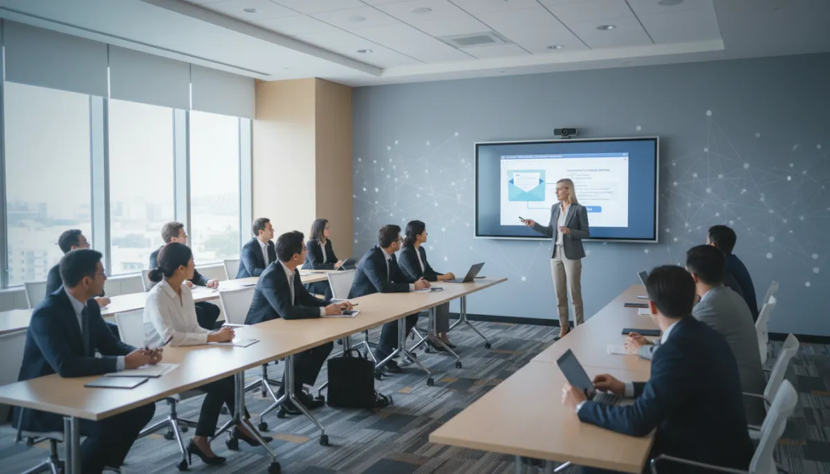 professional neutral-toned training room where employees watch a cybersecurity awareness presentation on a large screen while an IT security lead explains phishing examples