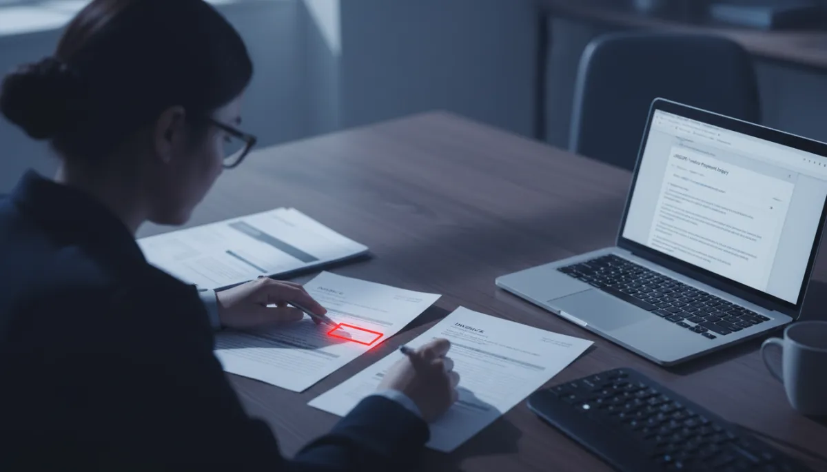 Finance professional comparing legitimate and suspicious vendor invoices side by side Finance professional comparing legitimate and suspicious vendor invoices side by side