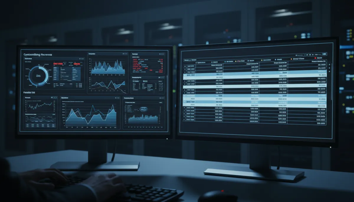 photographic realistic close-up of dual computer monitors in a dimly lit operations center, one screen showing a cybersecurity dashboard with alerts and graphs, another displaying a per-user pricing spreadsheet, cool shadows color scheme with blue and charcoal tones photographic realistic close-up of dual computer monitors in a dimly lit operations center, one screen showing a cybersecurity dashboard with alerts and graphs, another displaying a per-user pricing spreadsheet, cool shadows color scheme with blue and charcoal tones