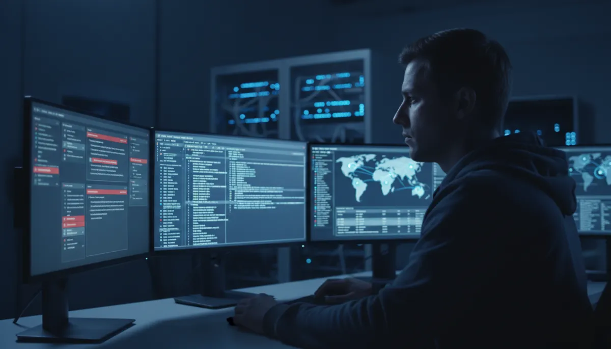 Security analyst monitoring email and network security dashboards