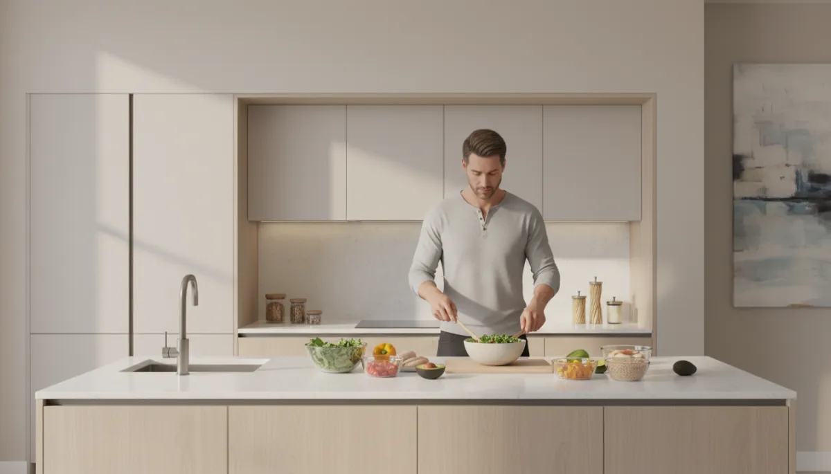 Homme de plus de 30 ans préparant un repas équilibré dans une cuisine moderne