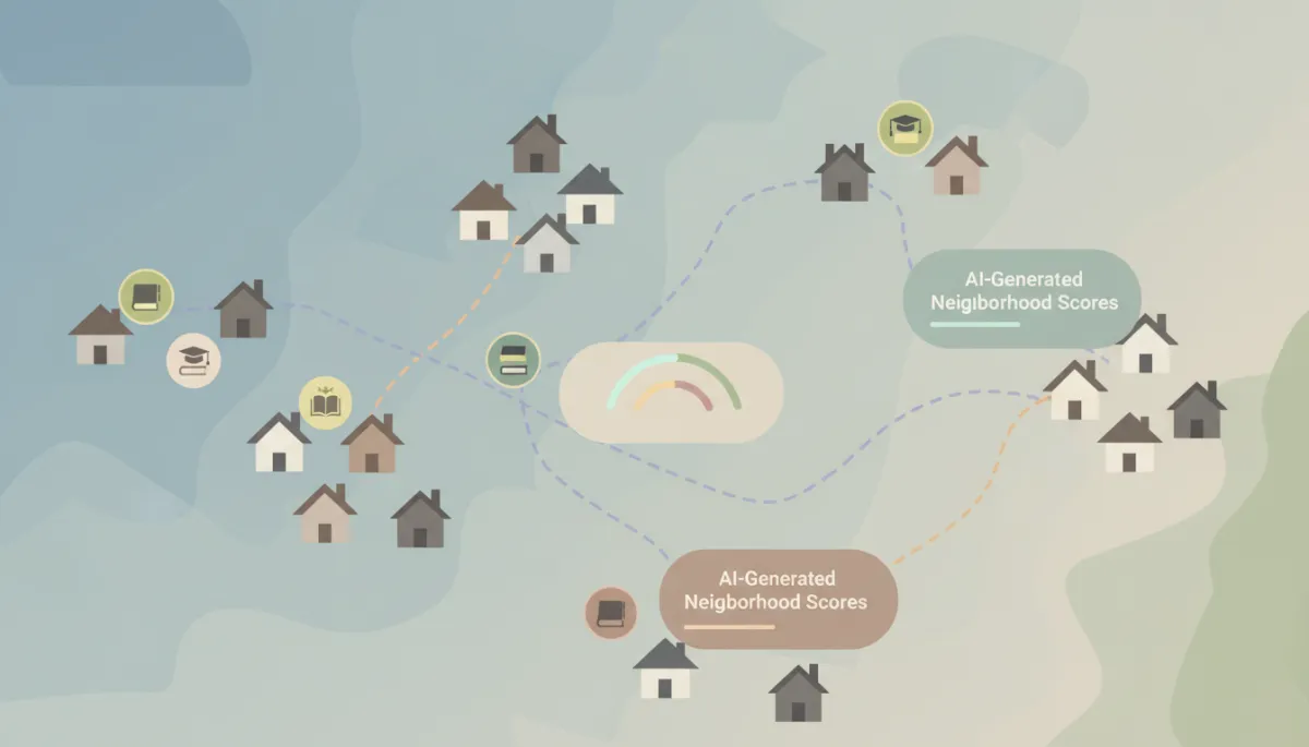 Modern illustration of an AI-enhanced neighborhood map for home buyers