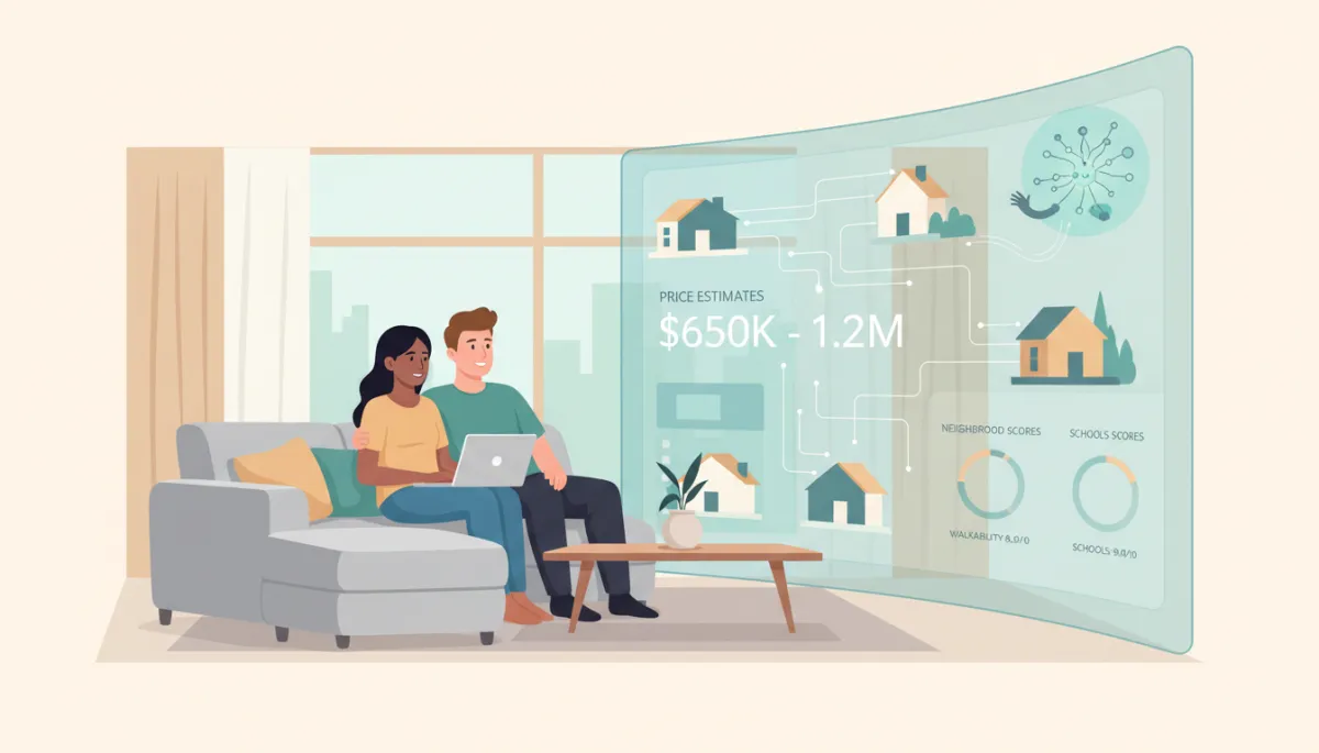 modern illustration of a couple sitting on a sofa using a laptop while a large friendly AI assistant screen displays house options, price estimates, and neighborhood scores in a calm neutral color palette