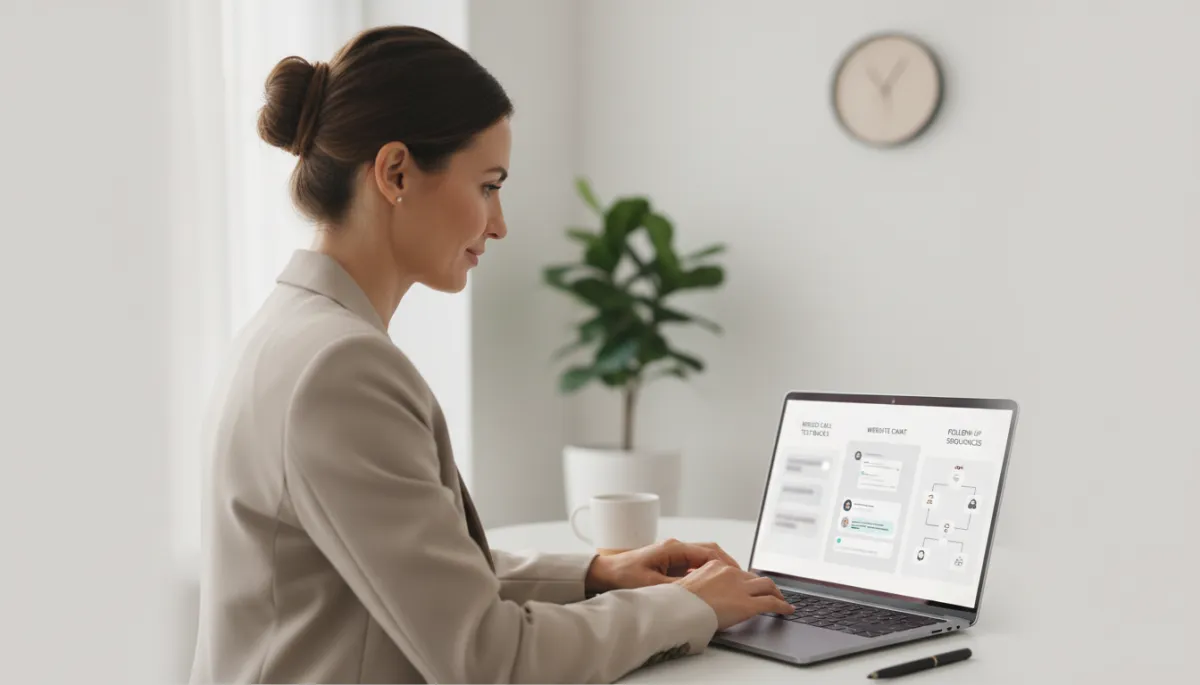 Business owner reviewing automated messages and follow-up conversations on a laptop Business owner reviewing automated messages and follow-up conversations on a laptop