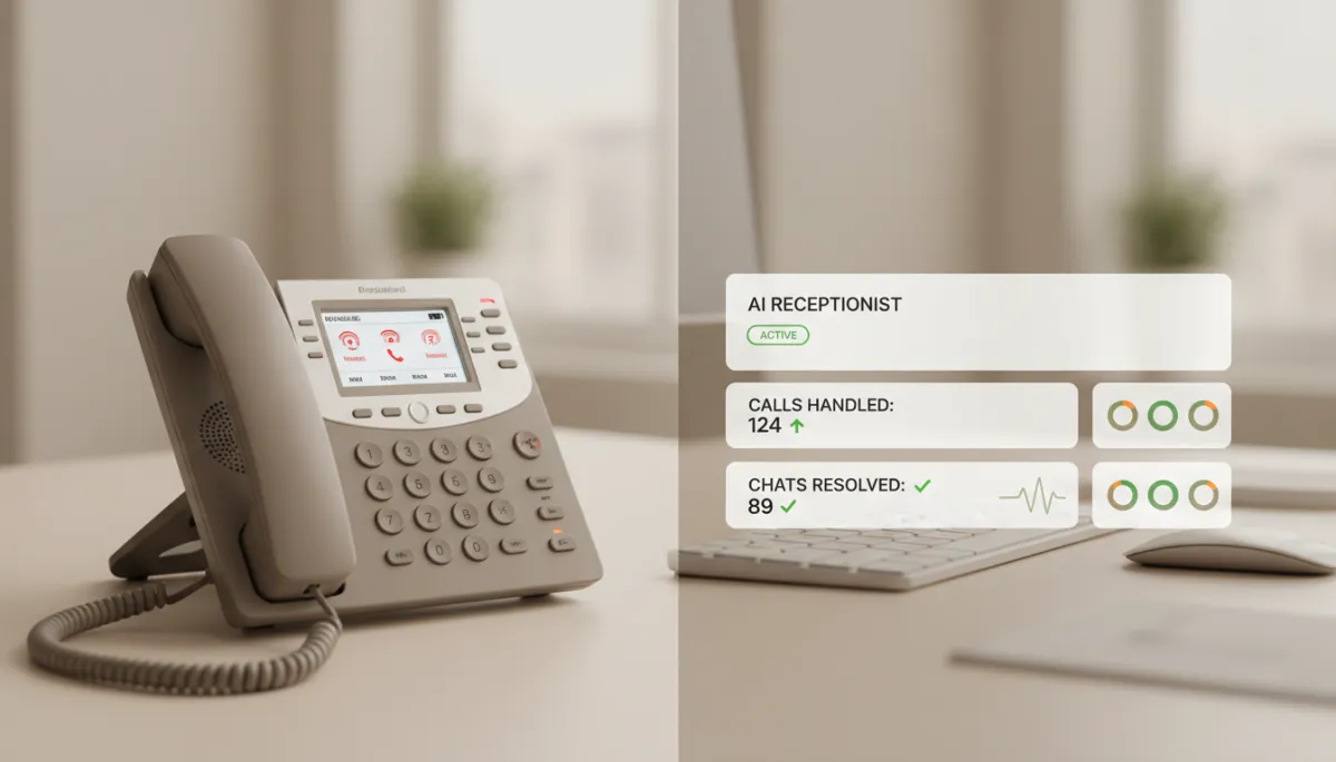 Dashboard showing an AI receptionist handling calls and chats for a small business