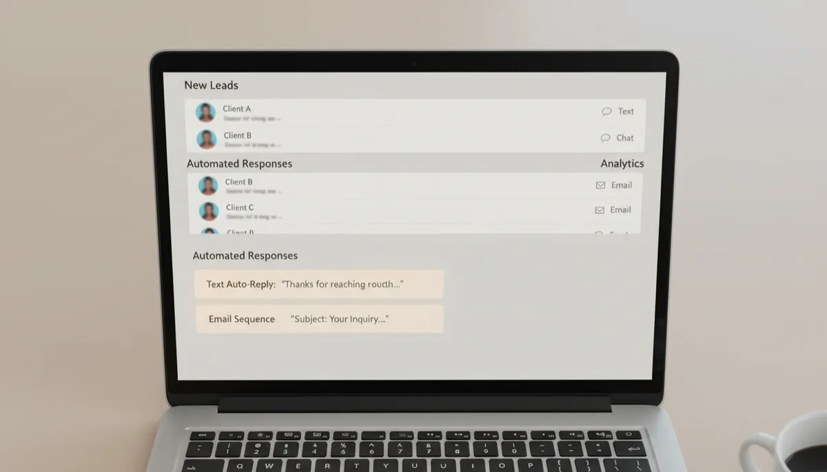 Dashboard showing organized new leads and automated responses across text, chat, and email
