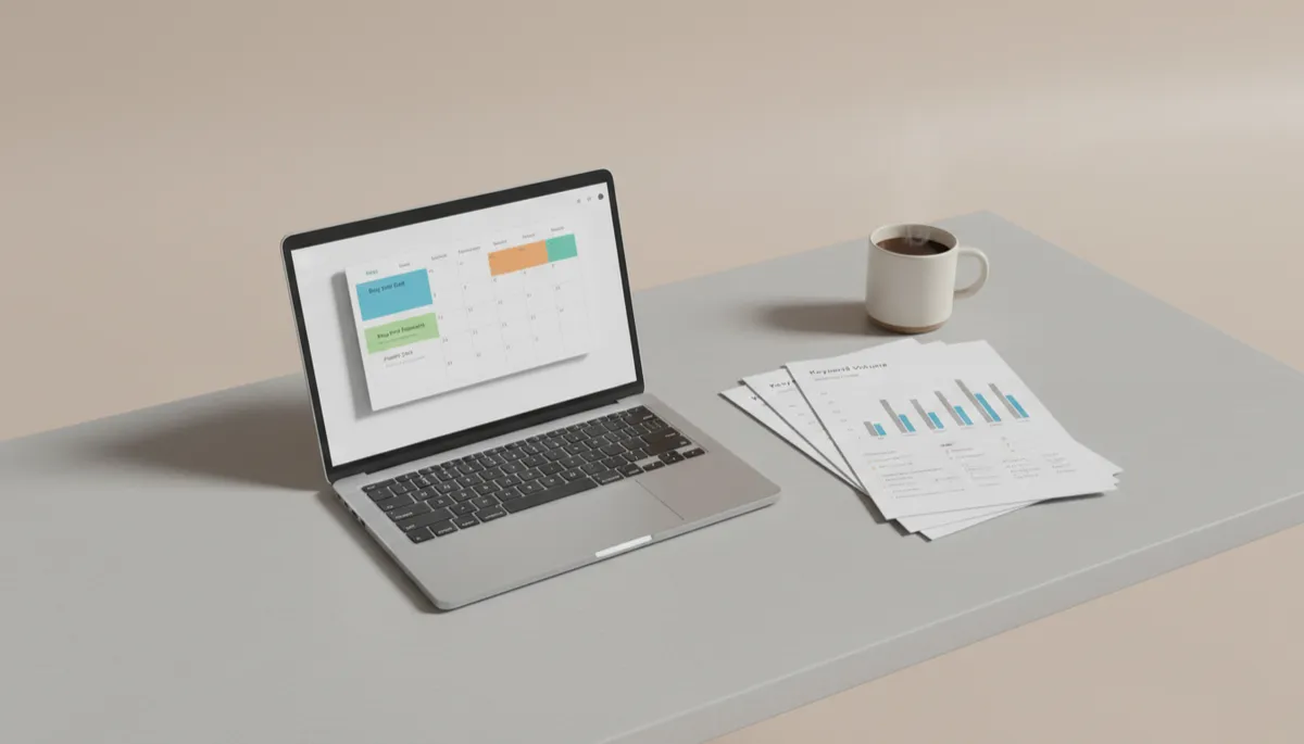 Laptop showing a blog content calendar and local keyword notes on a professional desk