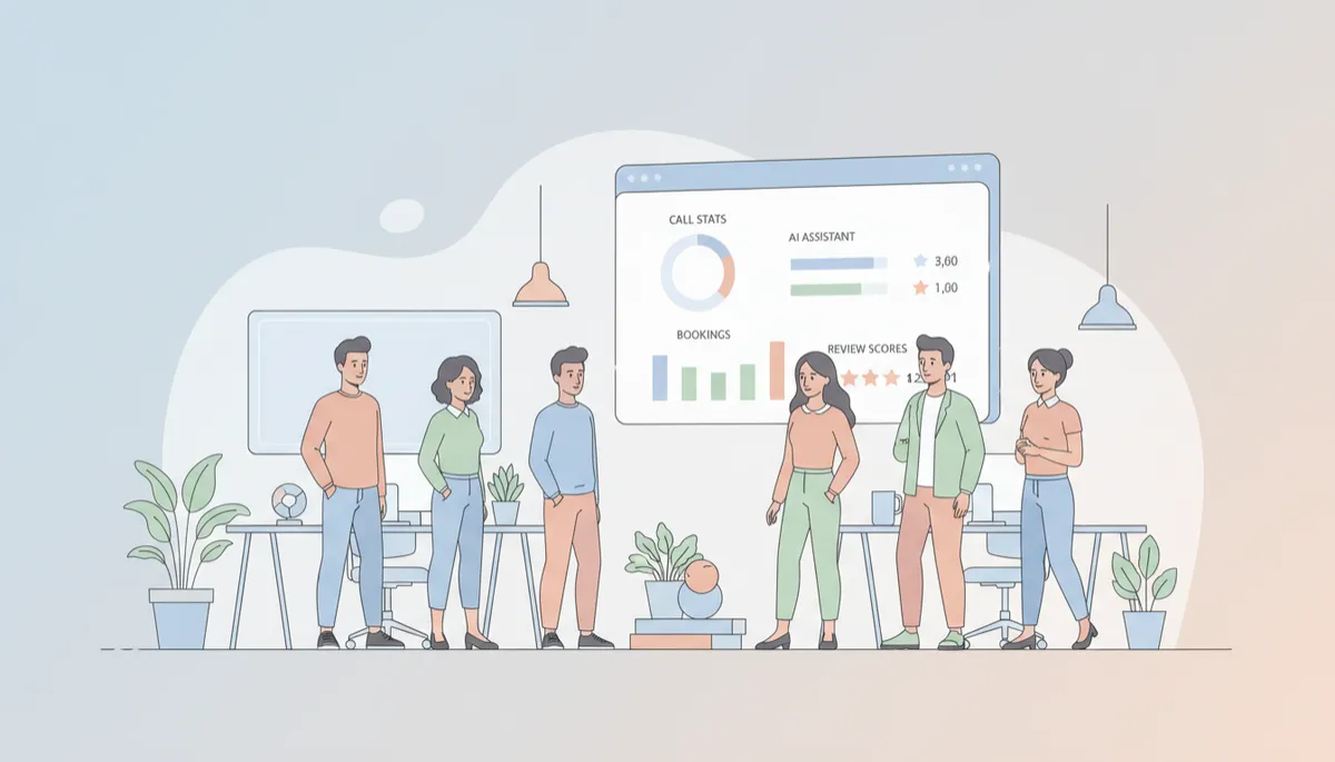 Team reviewing AI assistant performance metrics and customer engagement data