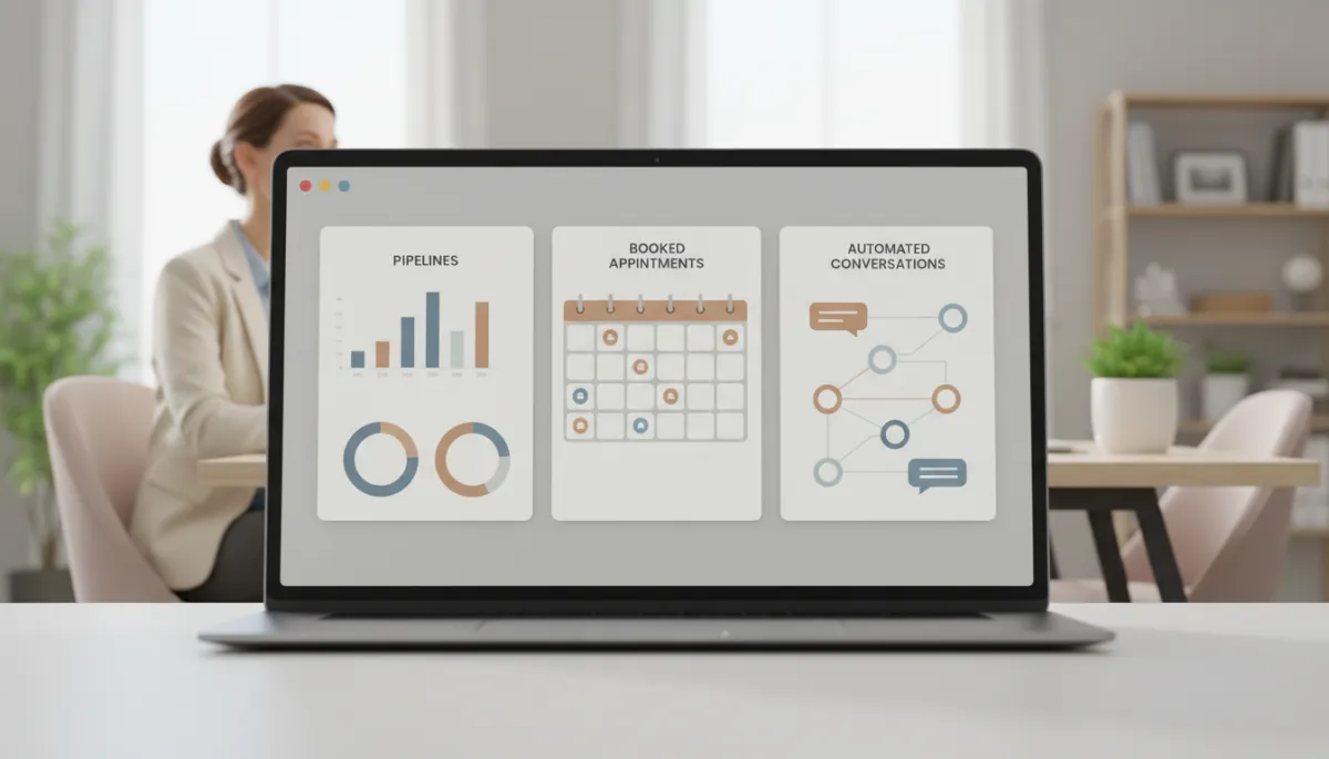 Professional dashboard showing pipelines, booked appointments, and automated conversations in a unified system
