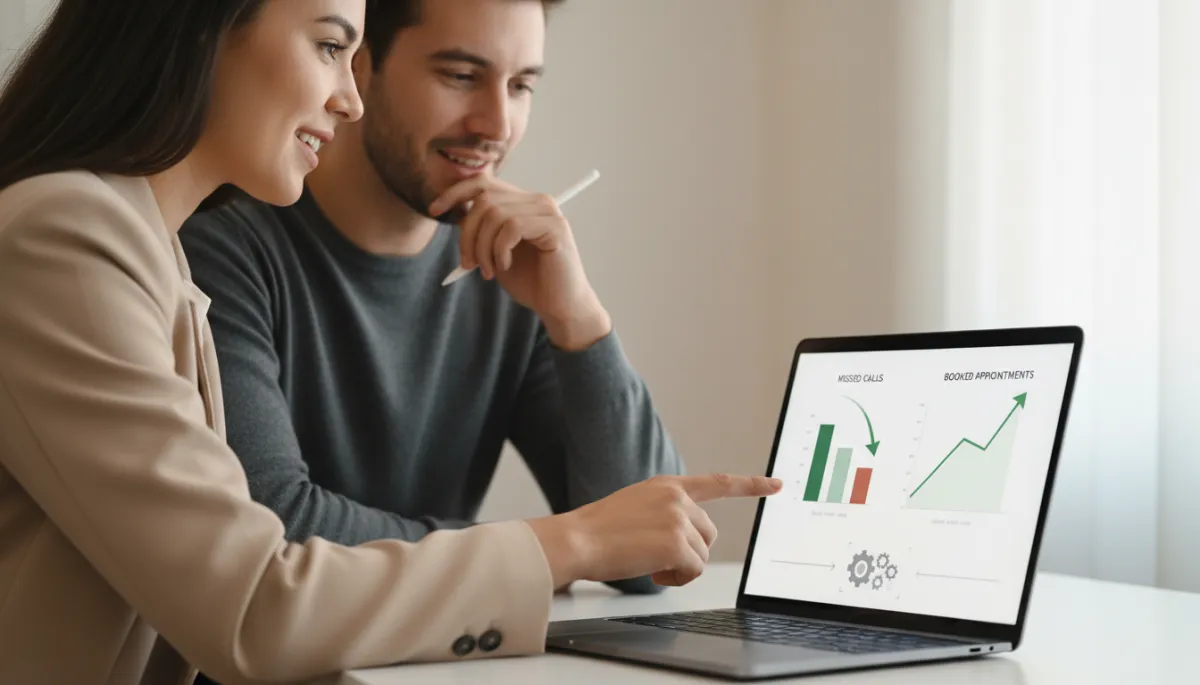Owner and assistant reviewing weekly time savings and appointment gains on a dashboard