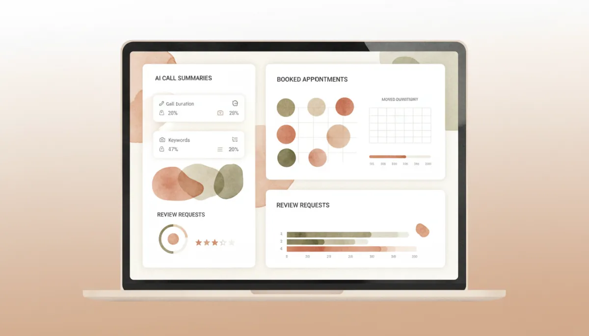 Professional dashboard showing AI-driven booking, call, and review metrics for a local business