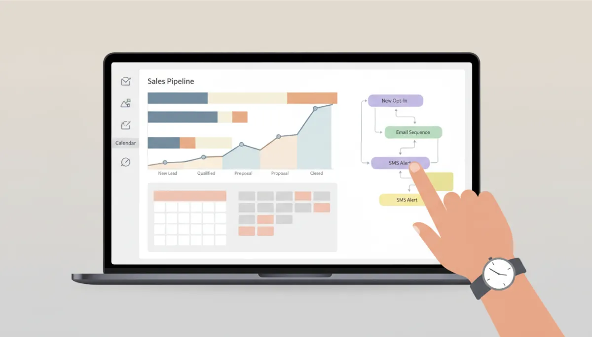 CRM dashboard with pipelines and automation workflows on a laptop screen