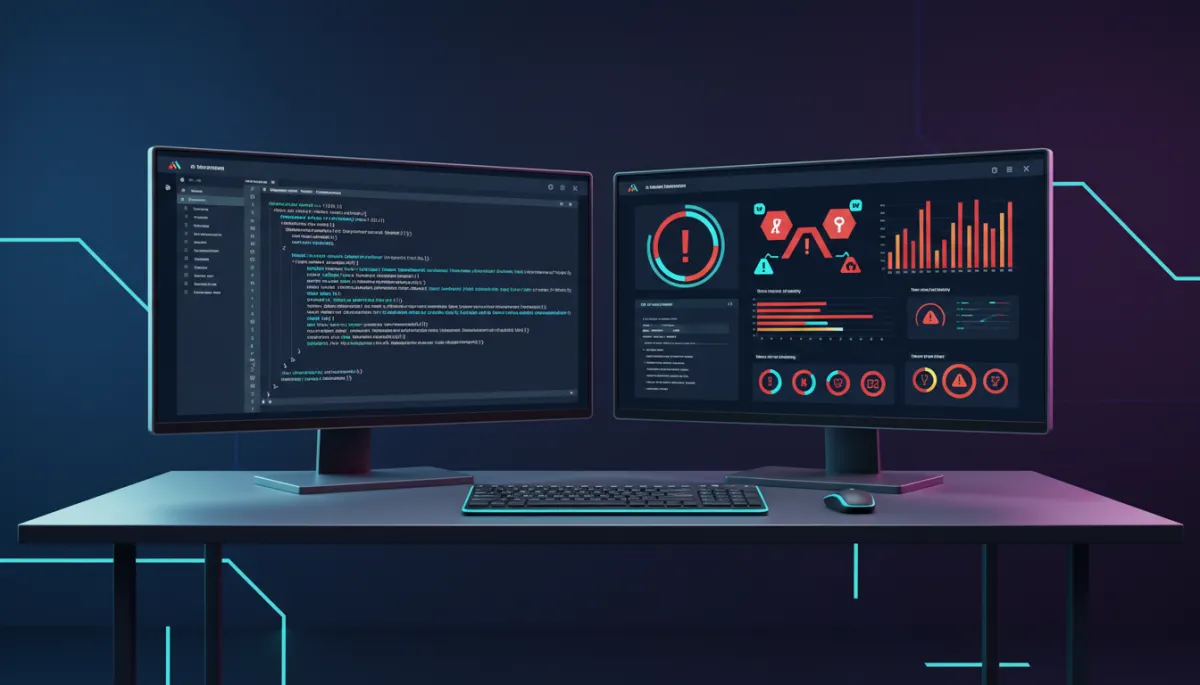 professional timeless-color-scheme illustration of a developer workstation showing a code editor on one screen and a warning-filled AI security dashboard on another, with subtle midnight navy and cyan highlights, clean lines and minimalistic interface