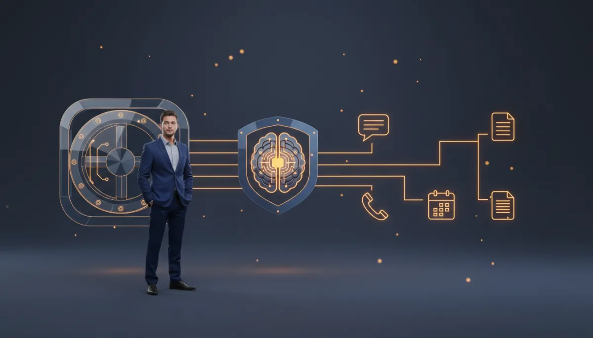 professional timeless-color-scheme depiction of a small business owner standing in front of a transparent data vault icon, with icons for chat, phone, calendar, and documents connected to a secure AI assistant represented by a shielded brain, royal navy and gray tones with amber highlights