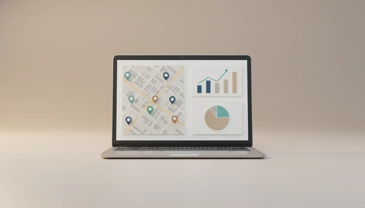 Laptop showing local map rankings and analytics for GEO targeted SEO