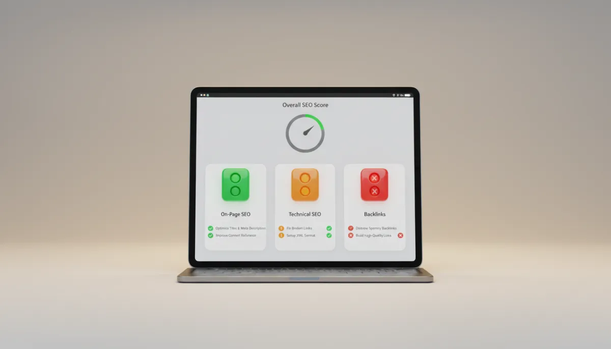 Tablet showing a clear SEO audit with prioritized action items