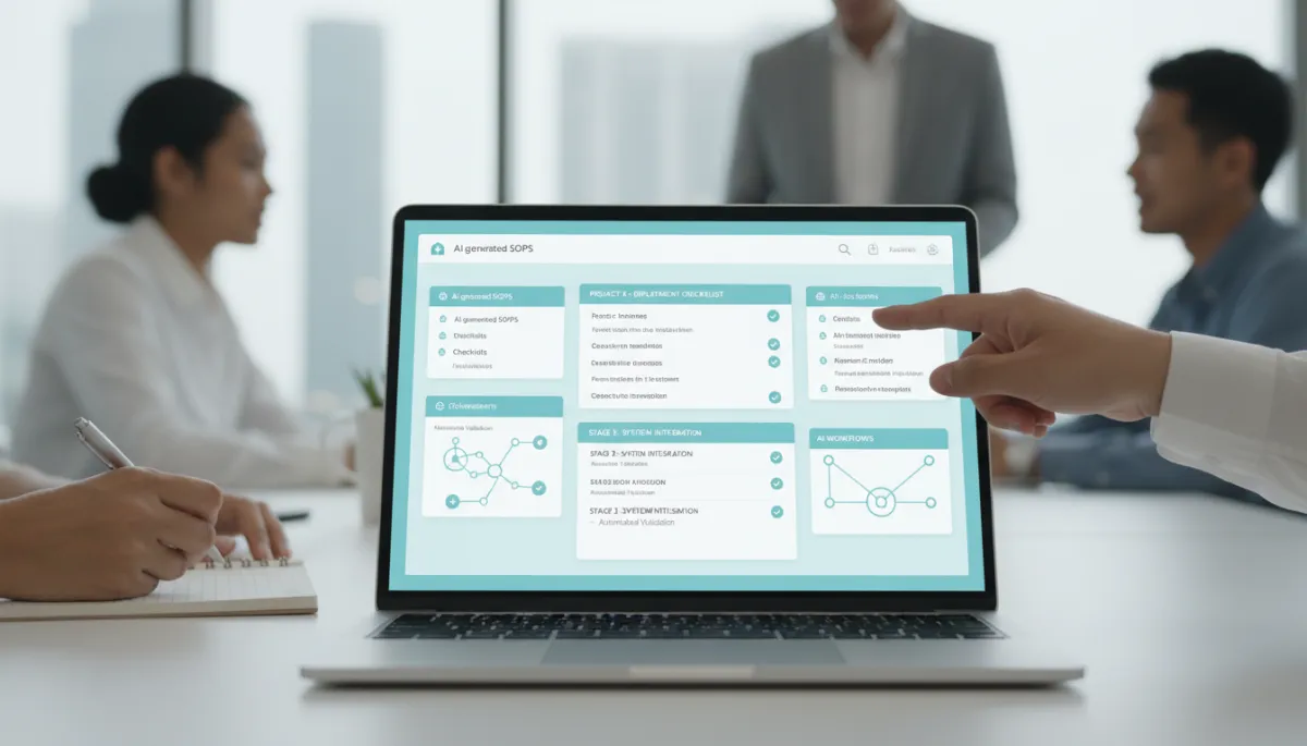 Team reviewing AI-generated SOPs and checklists in a digital workspace