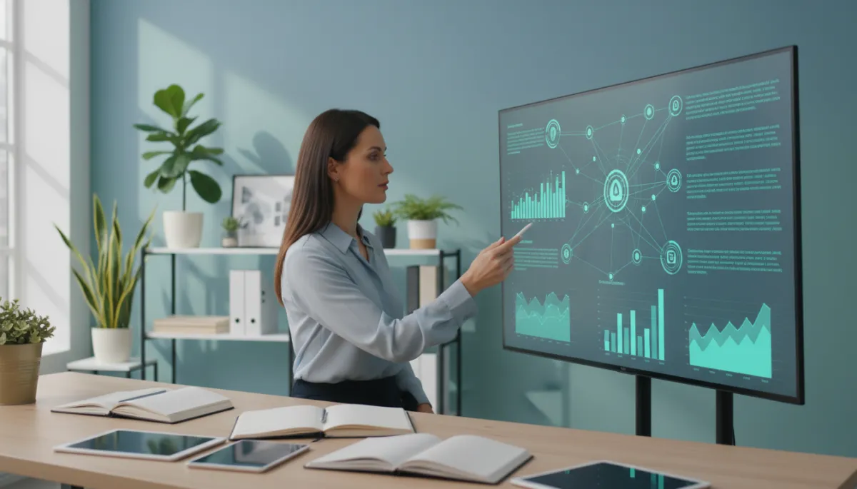 Manager reviewing AI-generated research summaries on a screen