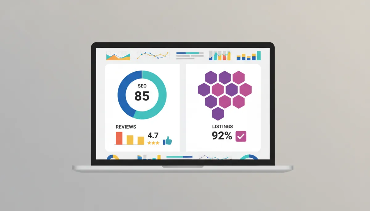 Dashboard view of an online presence and website audit report with scores and charts