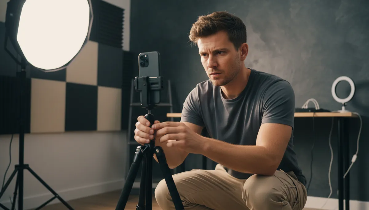 cinematic, professional shot of an actor in neutral tones setting up a tripod and phone to record a self-tape in a small home studio, soft key light, slate background, focused expression