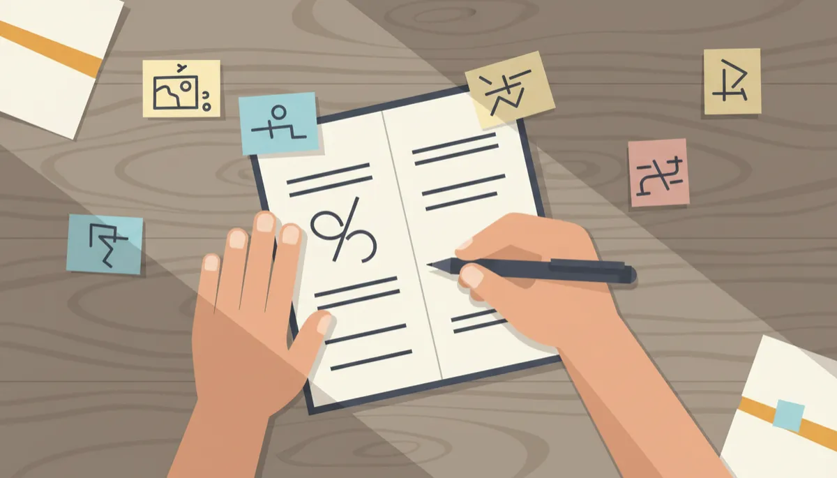 Person mapping out new life scenes with notes and storyboards on a table Person mapping out new life scenes with notes and storyboards on a table