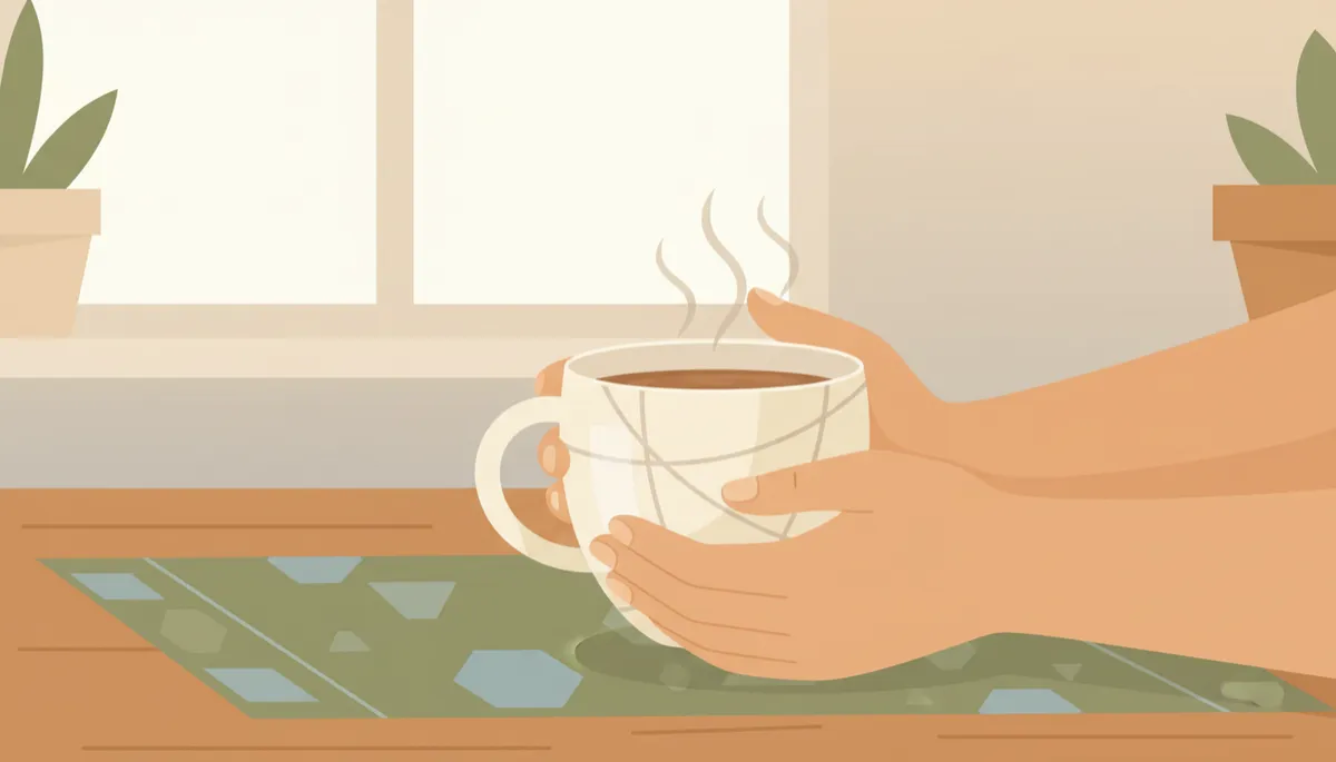 Caregiver’s hands holding a warm mug during a brief self-care pause