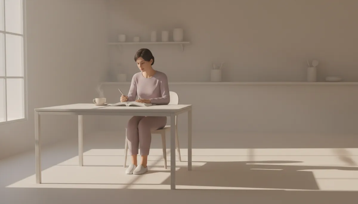 Caregiver journaling at a kitchen table with a warm drink, taking a quiet moment for themselves