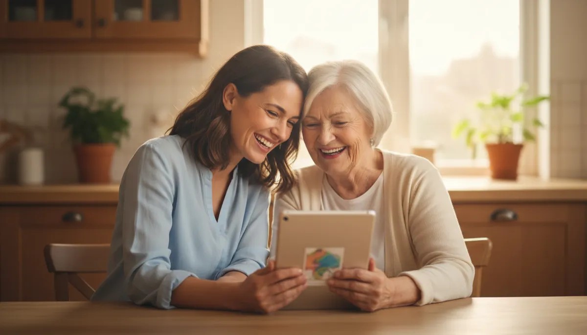 Caregiver and older adult laughing together while looking at a tablet at the kitchen table