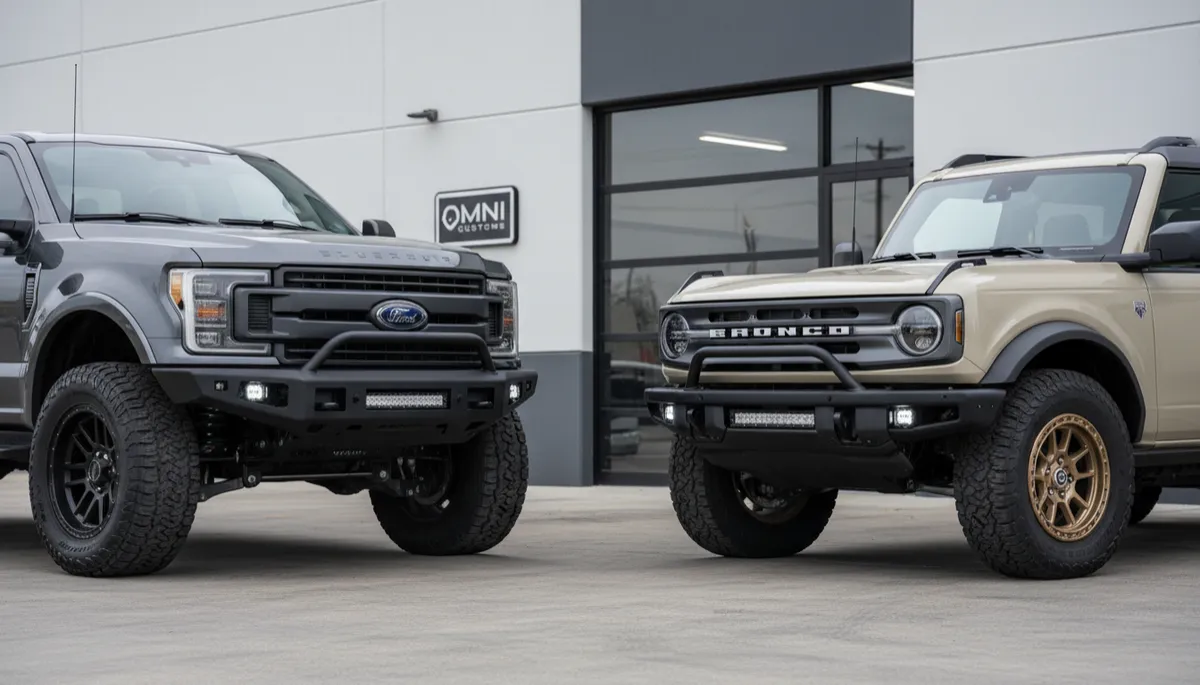Lifted truck and Bronco featuring Omni bumpers, upgraded wheels, and tires