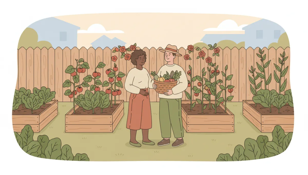 Illustration of neighbors sharing vegetables from a backyard garden in rural South Carolina Illustration of neighbors sharing vegetables from a backyard garden in rural South Carolina