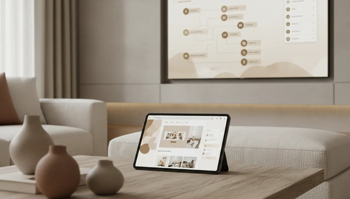 Staged living room with tablet showing automated portfolio and email marketing tools