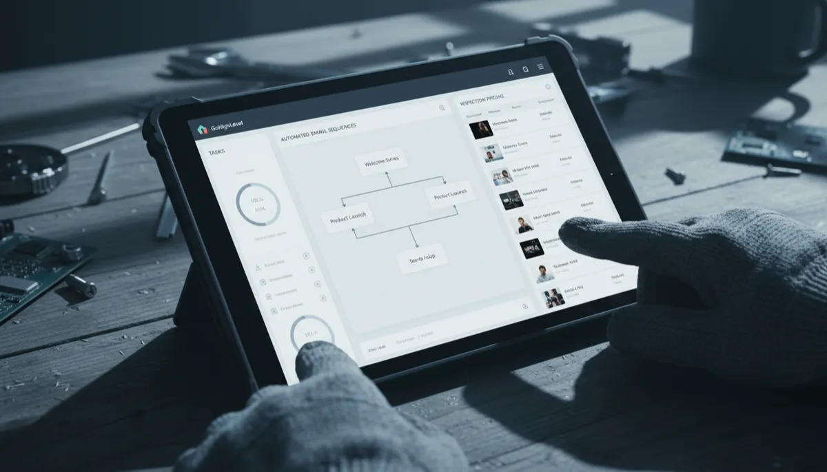 Tablet showing an automated CRM dashboard for building inspection workflows