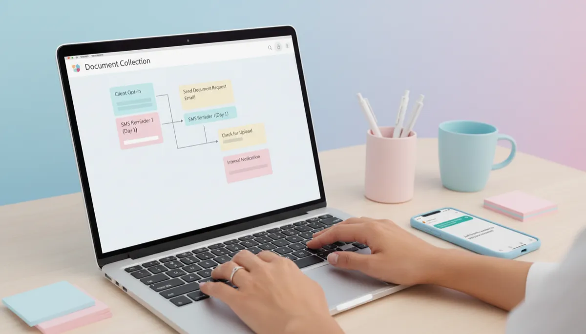 Laptop and phone displaying automated document collection workflows and SMS reminders