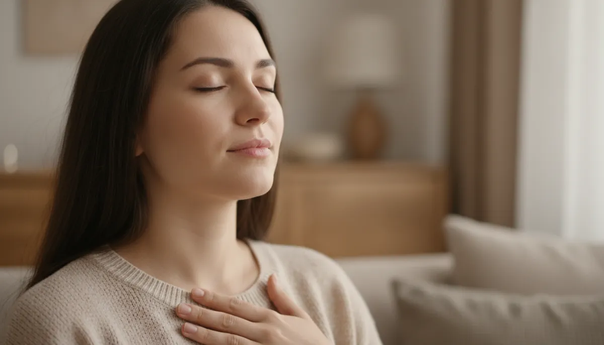 Person sitting calmly with hand over heart, practising relaxed breathing