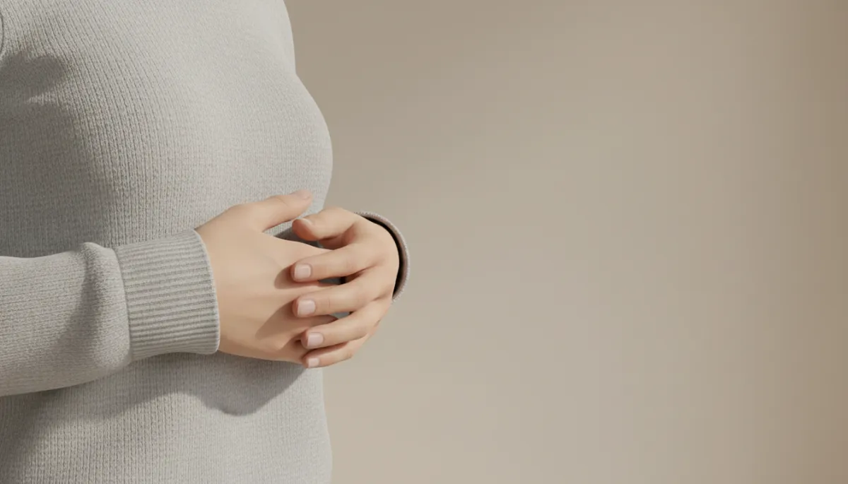 Close-up of hands gently placed over the heart during a calming breathing exercise