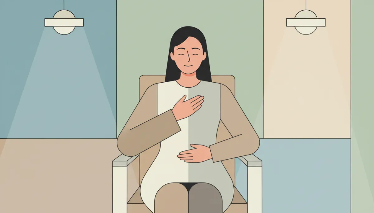 Person practising slow breathing with one hand on chest and one on abdomen in a professional setting Person practising slow breathing with one hand on chest and one on abdomen in a professional setting